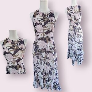 Floral Midi Dress in Black, Pink, and White